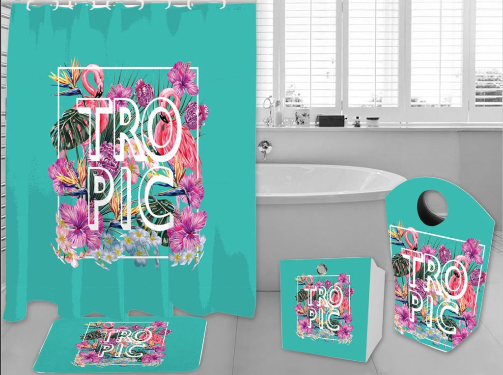 Bathroom textiles: shower curtain, bath mat and accessories