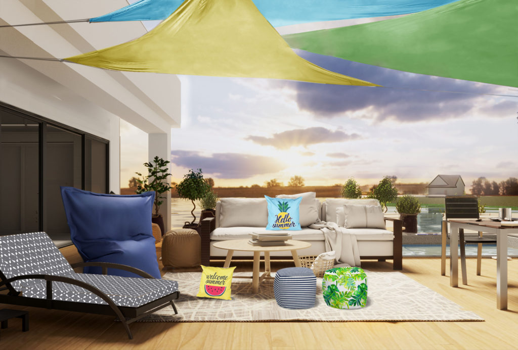 Outdoor textiles: cushions, poufs and shade sails